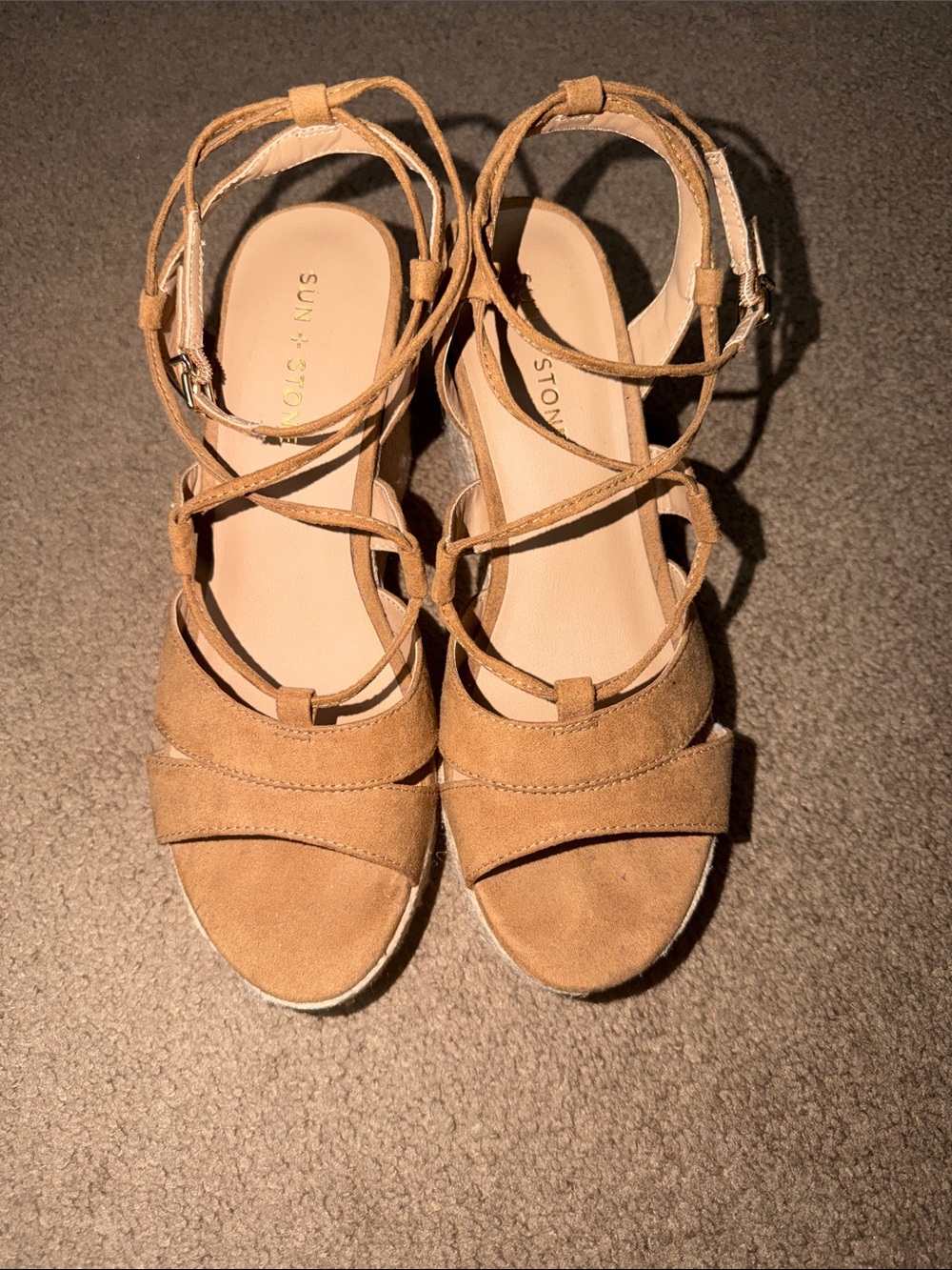 Suede Tan Wrap Wedge Sandals with Espadrille Sole